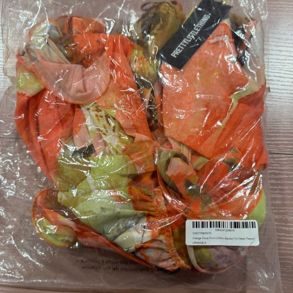 New ORANGE FLORAL PRINT CHIFFON BARDOT FRILL DETAIL ROMPER - Picture 4 of 6